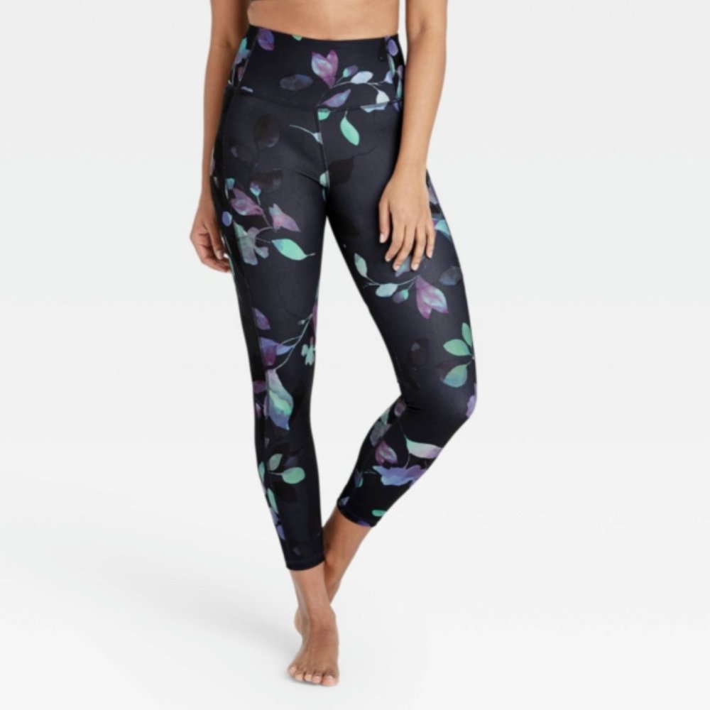 all in motion Black High-Rise Floral Leggings with Teal & Purple Leaves